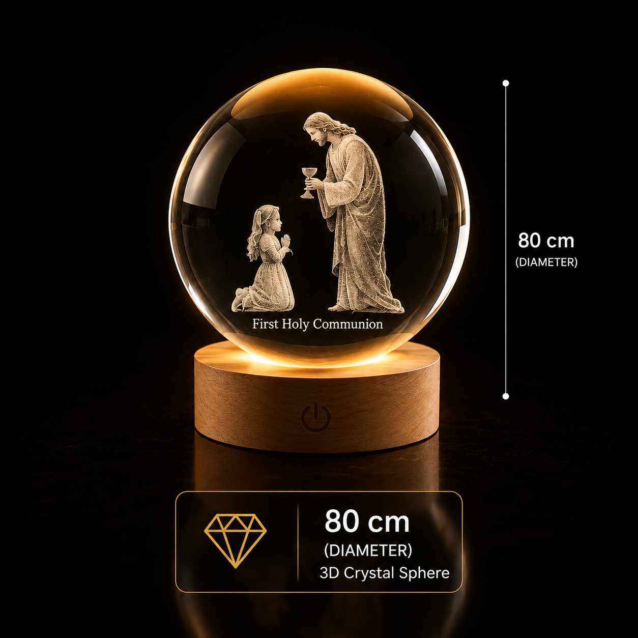 Personalized 3D Crystal Sphere 80mm | Custom K9 Crystal Ball with LED Light Base Personalized 3D crystal sphere 80mm crafted from premium K9 crystal featuring custom laser engraved photos, portraits, memorials, and keepsakes displayed on a warm LED light base for stunning crystal gift presentation.