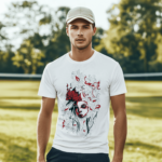 Model wearing the Floral Beauty Line Art Graphic T-Shirt featuring an elegant red, black and white floral portrait with premium DTF print on a white unisex shirt.