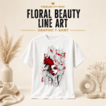 Floral Beauty Line Art Graphic T-Shirt on a white unisex T-shirt with elegant floral portrait artwork in a premium lifestyle product showcase.