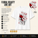 Floral Beauty Line Art Graphic T-Shirt product detail image showcasing premium DTF print, product features, available sizes, and white color option.