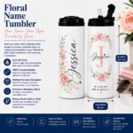 Personalized Floral Name Tumbler featuring a custom name surrounded by elegant floral artwork on a premium 20oz stainless steel insulated tumbler with vibrant full-wrap UV printing.