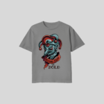 Grey Fortune Favors The Bold graphic T-shirt with premium DTF printed vintage jester illustration on a unisex cotton shirt.