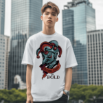 Model wearing the Fortune Favors The Bold graphic T-shirt featuring a bold vintage jester design with premium DTF print on a white unisex shirt.