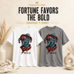 Fortune Favors The Bold graphic T-shirt available in white and grey with premium DTF printed vintage jester artwork.