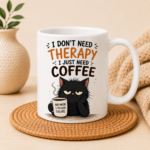 I Don't Need Therapy I Just Need Coffee Mug featuring a funny grumpy black cat holding a coffee cup on a premium 11oz ceramic mug.