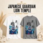 Japanese Guardian Lion Temple Graphic T-Shirt available in white and grey premium unisex DTF printed shirts.