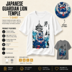 Japanese Guardian Lion Temple Graphic T-Shirt product detail image showing premium DTF print, available colors, sizes, and product features.