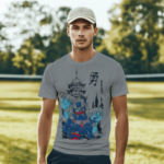 Model wearing a grey Japanese Guardian Lion Temple Graphic T-Shirt with a premium Japanese guardian lion and temple DTF print.