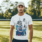 Model wearing a grey Japanese Guardian Lion Temple Graphic T-Shirt with a premium Japanese guardian lion and temple DTF print.
