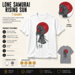 Product details for the Lone Samurai Rising Sun graphic T-shirt featuring premium DTF print, available in white and grey, with sizing and product features.