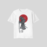 Lone Samurai Rising Sun graphic T-shirt in white featuring a Japanese samurai standing before a red rising sun with premium DTF print.