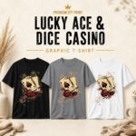 Lucky Ace & Dice Casino Graphic T-Shirt collection featuring black, grey, and white premium DTF printed unisex shirts.
