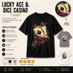 Lucky Ace & Dice Casino Graphic T-Shirt product detail showing premium DTF print, available colors, sizes, and key product features.