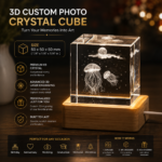 Personalized 3D Crystal Cube custom engraved with a photo in premium K9 crystal featuring a cube design and illuminated LED light base.