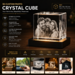 Personalized 3D Crystal Cube custom engraved with a photo in premium K9 crystal featuring a cube design and illuminated LED light base.