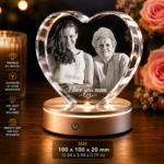 Personalized 3D Crystal Heart custom engraved with a photo in premium K9 crystal featuring a heart-shaped design and illuminated LED light base.