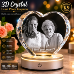 Personalized 3D Crystal Heart custom engraved with a photo in premium K9 crystal featuring a heart-shaped design and illuminated LED light base.