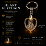 Premium Crystal Heart Keychain with custom 3D laser engraved photo inside high-quality K5 crystal, personalized memorial, family, couple, or pet keepsake gift with LED light base.