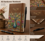 Personalized A5 Hardcover Notebook with custom name, premium hardcover cover, and elegant peacock artwork available in brown, pink, gray, and green colors.