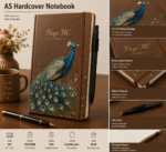 Personalized A5 Hardcover Notebook with custom name, premium hardcover cover, and elegant peacock artwork available in brown, pink, gray, and green colors.