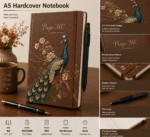 Personalized A5 Hardcover Notebook with custom name, premium hardcover cover, and elegant peacock artwork available in brown, pink, gray, and green colors.