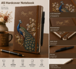 Personalized A5 Hardcover Notebook with custom name, premium hardcover cover, and elegant peacock artwork available in brown, pink, gray, and green colors.