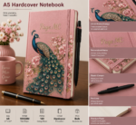 Personalized A5 Hardcover Notebook with custom name, premium hardcover cover, and elegant peacock artwork available in brown, pink, gray, and green colors.