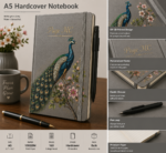 Personalized A5 Hardcover Notebook with custom name, premium hardcover cover, and elegant peacock artwork available in brown, pink, gray, and green colors.