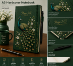 Personalized A5 Hardcover Notebook with custom name, premium hardcover cover, and elegant peacock artwork available in brown, pink, gray, and green colors.