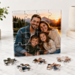 Personalized Acrylic Photo Jigsaw Puzzle with custom UV printed family photo on premium clear acrylic.
