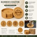 Personalized Bamboo Coaster Set with holder featuring laser engraved custom design on natural bamboo coasters