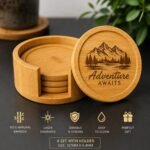 Personalized Bamboo Coaster Set with holder featuring laser engraved custom design on natural bamboo coasters