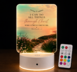 Personalized Christian LED Acrylic Night Light featuring Philippians 4:13 Bible verse with Pathway of Faith landscape design and multi-color LED base