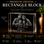 Personalized 3D Crystal Rectangle Block laser engraved with a family photo in premium K9 crystal with optional LED light base.