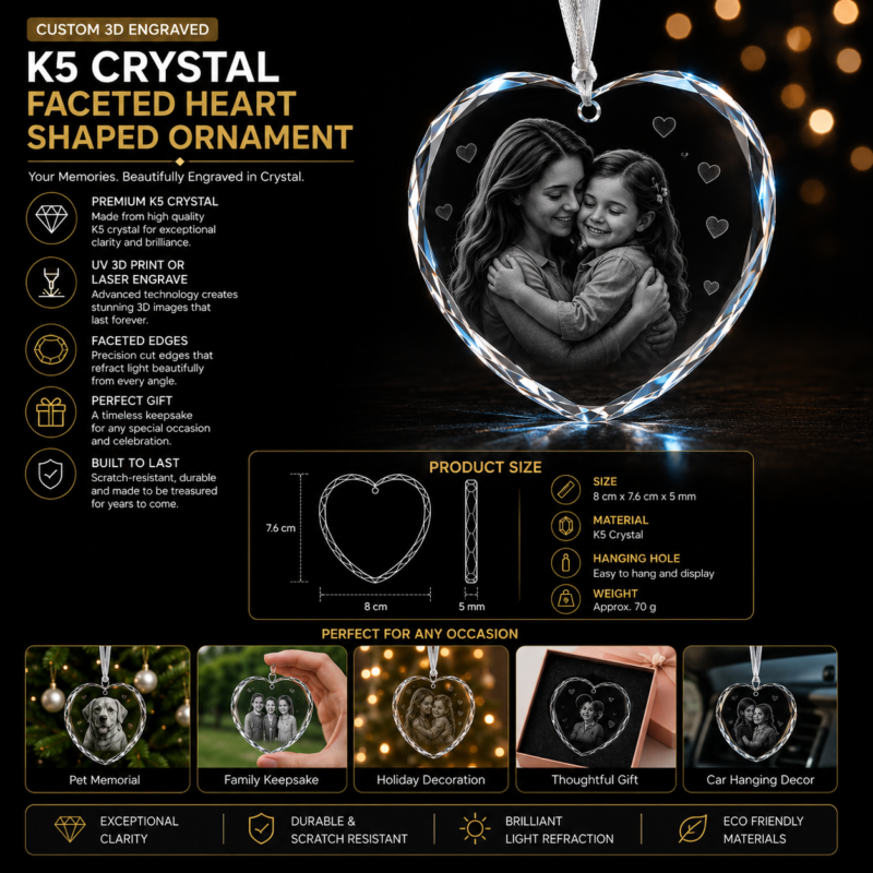 Personalized K5 crystal heart ornament with custom engraved family photo, faceted edges, and brilliant light-reflecting crystal design.