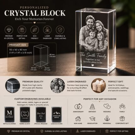 Personalized K9 crystal block 50x50x80mm with custom laser engraved family photo, premium crystal keepsake gift for anniversaries, weddings, memorials, and special occasions.