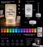 Personalized LED Acrylic Night Light with custom photo, logo, artwork, text, or design UV printed on a premium acrylic panel with multi-color LED base.
