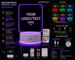 Personalized LED Acrylic Night Light customized with photos, logos, artwork, or custom designs featuring RGB color-changing LED illumination and a rechargeable base.