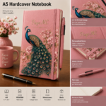 Personalized A5 Hardcover Notebook with custom name, premium hardcover cover, and elegant peacock artwork available in brown, pink, gray, and green colors.