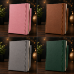 Personalized A5 Hardcover Notebook with custom name, premium hardcover cover, and elegant peacock artwork available in brown, pink, gray, and green colors.
