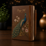 Personalized A5 Hardcover Notebook with custom name, premium hardcover cover, and elegant peacock artwork available in brown, pink, gray, and green colors.