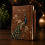 Personalized A5 Hardcover Notebook with custom name, premium hardcover cover, and elegant peacock artwork available in brown, pink, gray, and green colors.