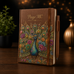 Personalized A5 Hardcover Notebook with custom name, premium hardcover cover, and elegant peacock artwork available in brown, pink, gray, and green colors.