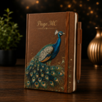 Personalized A5 Hardcover Notebook with custom name, premium hardcover cover, and elegant peacock artwork available in brown, pink, gray, and green colors.