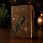 Personalized A5 Hardcover Notebook with custom name, premium hardcover cover, and elegant peacock artwork available in brown, pink, gray, and green colors.