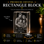 Personalized Rectangle Crystal Block made from premium K9 crystal with custom 3D laser engraved family photo, available in 40×40×60 mm and 50×50×80 mm sizes