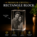 Personalized Rectangle Crystal Block made from premium K9 crystal with custom 3D laser engraved family photo, available in 40×40×60 mm and 50×50×80 mm sizes