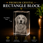 Personalized Rectangle Crystal Block made from premium K9 crystal with custom 3D laser engraved family photo, available in 40×40×60 mm and 50×50×80 mm sizes