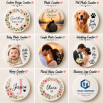 Personalized ceramic coaster collection showing custom photo, pet, baby, couple, wedding, name, floral and business logo designs