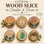 Personalized UV Printed Wood Slice Coaster featuring vibrant full-color artwork printed on natural wood for rustic home décor and personalized gifts